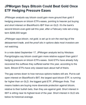 News article titled "JPMorgan Says Bitcoin Could Beat Gold Once ETF Hedging Pressure Eases," discussing analyst predictions that bitcoin may outperform gold if hedging pressure on ETFs subsides.