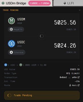 A screenshot of the "USDm Bridge" interface showing a pending transaction to swap 1 USDC for 0.003 USDM at a rate of $5025.56 per USDM, illustrating the dramatic depeg of MegaETH's USDM token from its once-$600M market cap down to just $18M. The $5,025.56 valuation per USDM reflects the token's collapse, as the user bridges out their remaining $5k position from the depegged stablecoin to USDC.