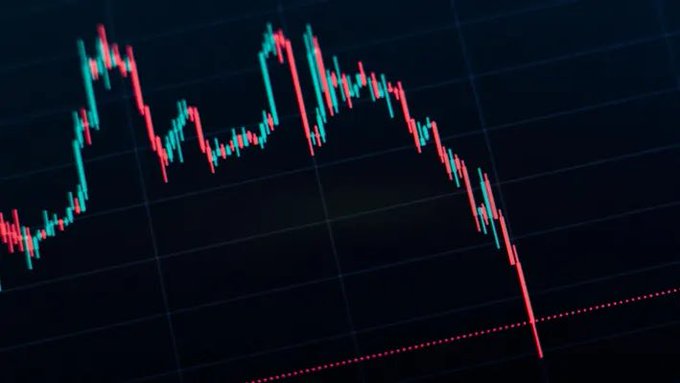 A close-up of a candlestick chart on a dark screen shows a sharp price decline with green and red candles trending downward toward a red dotted support line, visually illustrating the post's discussion of Hunter Biden's $LAPTOP memecoin collapsing on Base shortly after launch due to extreme volatility and inadequate liquidity.