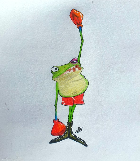 A hand-drawn illustration of a green frog-like character wearing red boxing gloves and red shorts with its arm raised in victory.