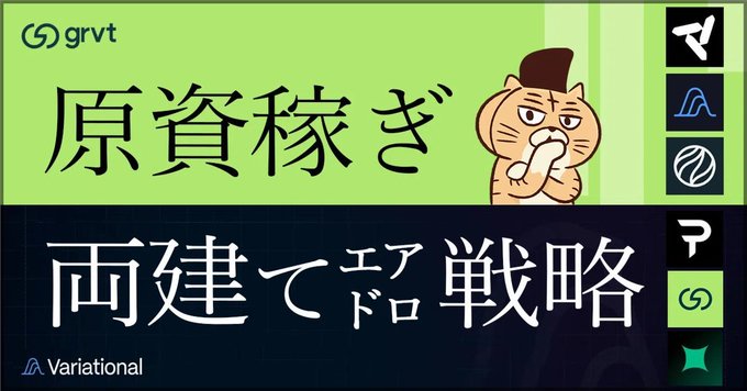 The image appears to be a thumbnail for a Japanese-language video tutorial titled "原資稼ぎ" (Earning Capital) and "両建てドロドロエア戦略" (Messy Airdrop Strategy with Hedging), featuring a skeptical cat mascot and logos for grvt, Variational, and other crypto platforms. The accompanying post about sniping S-Class hedged mini-lectures suggests this thumbnail introduces a strategy guide for small retail investors looking to profitably hedge using PERP (perpetual futures) contracts to accumulate capital through airdrops.