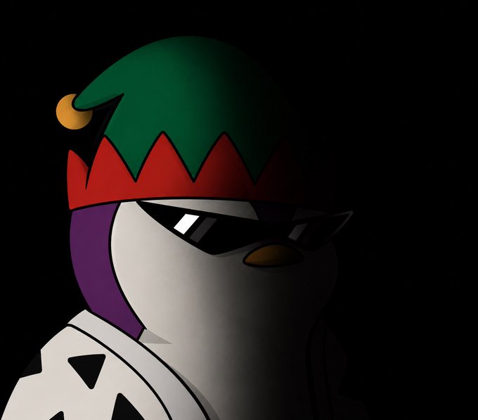 A cartoon penguin wearing an elf hat, sunglasses, and a spiked jacket is shown against a dark background, likely serving as a stylized mascot to represent the $ansem crypto token being hyped in the post.
