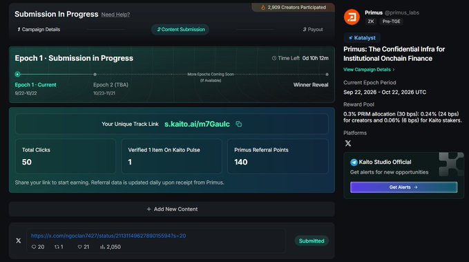 A Kaito AI campaign dashboard for Primus shows “Epoch 1 · Submission In Progress,” the track “s_kaito.ai/m/7GaUc,” and stats including “Total Clicks 50,” “Verified 1 Item On Kaito Pulse,” and “Primus Referral Points 140.”