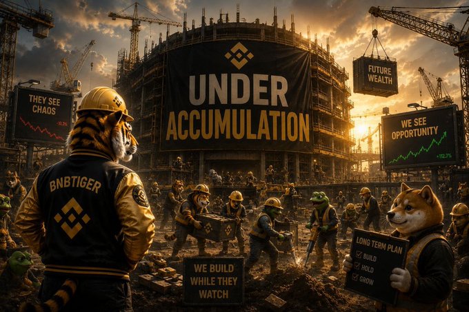 A construction site populated by workers wearing hard hats and vests with the Binance logo, set against a large banner reading "UNDER ACCUMULATION," with additional signs displaying "FUTURE WEALTH," "THEY SEE CHAOS / WE SEE OPPORTUNITY," "WE BUILD WHILE THEY WATCH," and a "LONG TERM PLAN" checklist (Build, Hold, Grow)—visually reinforcing the post's message that smart money is quietly building wealth through assets like Bitcoin and BNB during the bull run while others hesitate.
