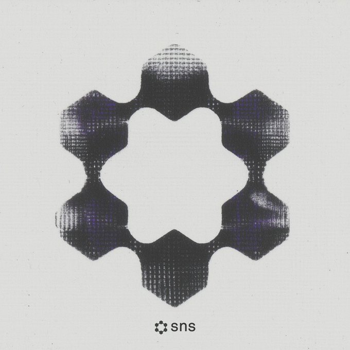 The image features a dark, cross-shaped X-ray diffraction-like pattern with a four-pointed star negative space at its center, labeled "sns" below alongside a small flower icon. The "sns" branding and Solana-themed post suggest this is a visual promoting the SNS (Solana Name Service) token, a fitting motif for announcing a new .sol domain registration.