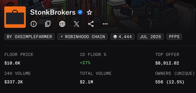 A digital asset page for 'StonkBrokers' showing a floor price of $10.6K, 24H volume of $337.2K, and 556 unique owners on the Robinhood Chain.