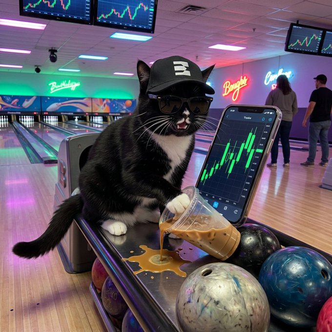 An AI-generated image of a black and white cat wearing sunglasses and a black cap, pouring a drink next to a smartphone displaying a green trading chart in a bowling alley with stock tickers on screens above.