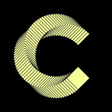 A stylized letter 'C' logo in yellow-green with a hatched, striped pattern on a black background.