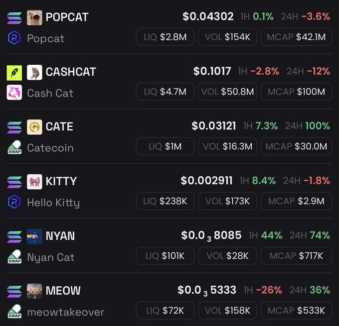 A cryptocurrency price tracker displays various cat-themed tokens including POPCAT at $0.04302, CASHCAT at $0.1017, CATE at $0.03121, KITTY at $0.002911, NYAN at $0.00038085, and MEOW at $0.0005333, showing their liquidity, volume, and market cap.