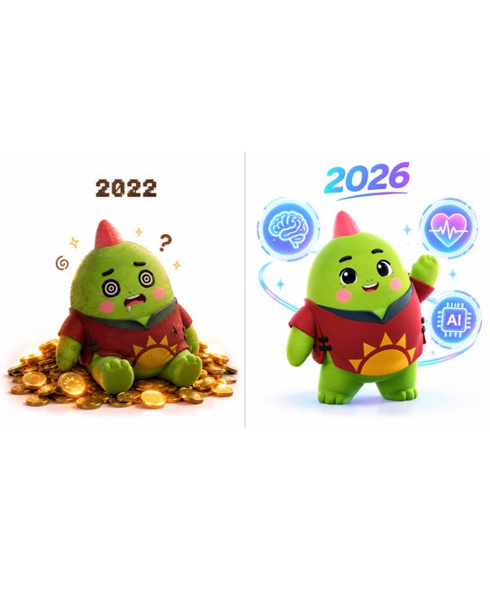 A side-by-side comparison illustration of a green cartoon creature, labeled '2022' on the left looking dizzy on gold coins, and '2026' on the right looking happy with AI-themed icons.