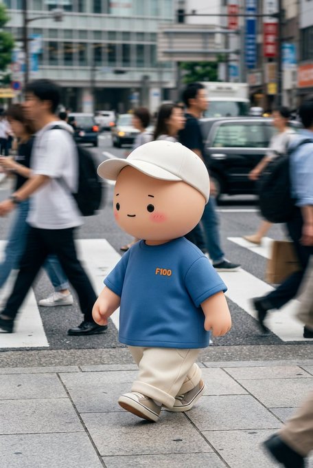 A 3D-rendered cartoon character wearing a white cap and a blue shirt labeled 'F100' walking on a busy crosswalk in a Japanese urban setting.