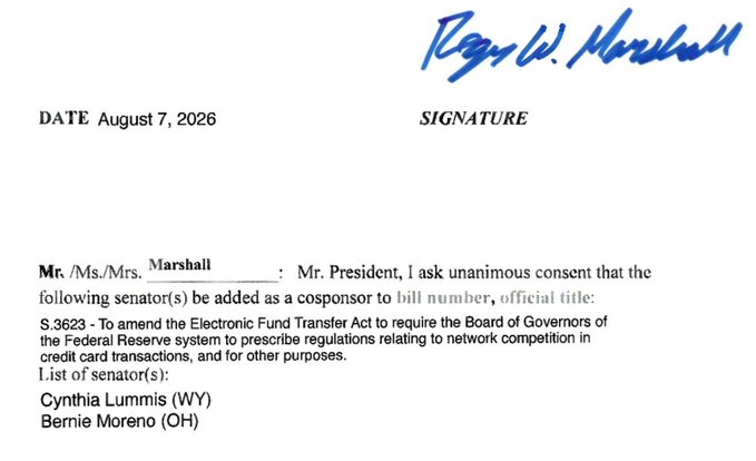 A formal document dated August 7, 2026, signed by Mr./Ms. Marshall, requesting unanimous consent to add senators Cynthia Lummis (WY) and Bernie Moreno (OH) as cosponsors to bill S.3623 regarding Electronic Fund Transfer Act regulations.