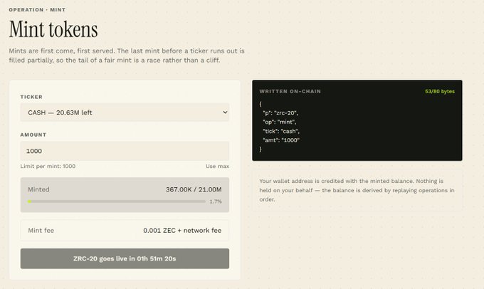 A token minting interface labeled "OPERATION - MINT" and "Mint tokens" showing a ticker for CASH with 20.63M left, an amount of 1000, minted progress at 367.00K / 21.00M (1.7%), and on-chain JSON code on the right.