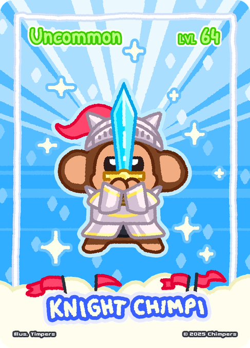 A digital collectible card titled 'KNIGHT CHIMPI' is labeled 'Uncommon' at level 64, illustrated by Yimpers (©2025 Chimpers), depicting a monkey character in knight armor holding a blue crystal sword.