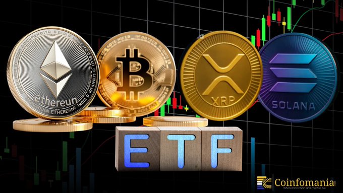 A promotional graphic showing physical coins for Ethereum, Bitcoin, XRP, and Solana displayed above wooden blocks spelling 'ETF', with the 'Coinfomania' logo and cryptocurrency candlestick charts in the background.