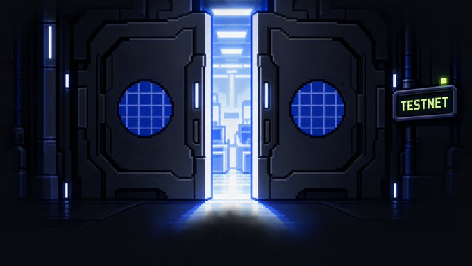 A pixel-art style illustration of large mechanical double doors opening to reveal a bright blue interior, with a green 'TESTNET' indicator light on the right wall.