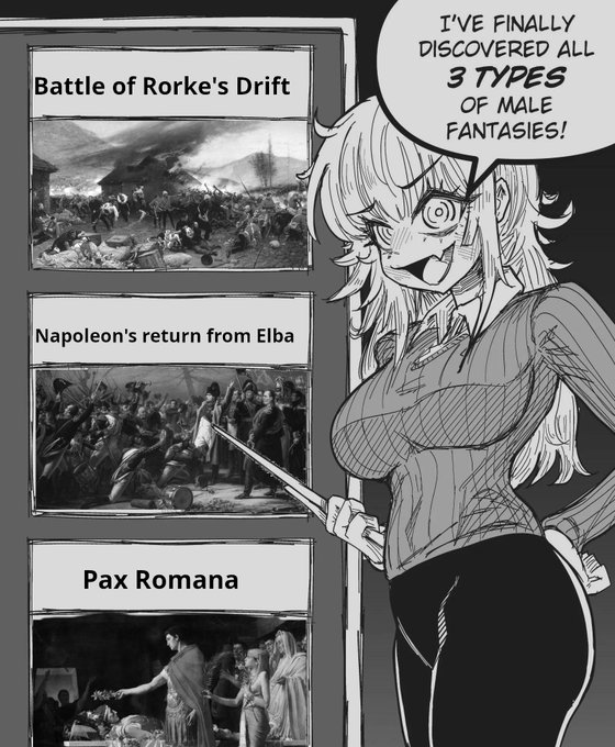 A manga-style illustration shows a wild-eyed woman pointing to a board displaying three historical events: 'Battle of Rorke's Drift,' 'Napoleon's return from Elba,' and 'Pax Romana,' with her speech bubble declaring, 'I'VE FINALLY DISCOVERED ALL 3 TYPES OF MALE FANTASIES!'