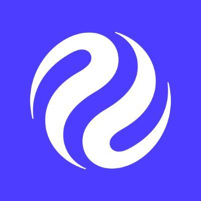 A blue square logo featuring a stylized white swirling wave or droplet design.