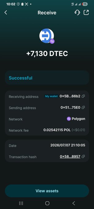 A cryptocurrency wallet screenshot showing a successful transaction of +7,130 DTEC received via the Polygon network, with a network fee of 0.02542115 POL.