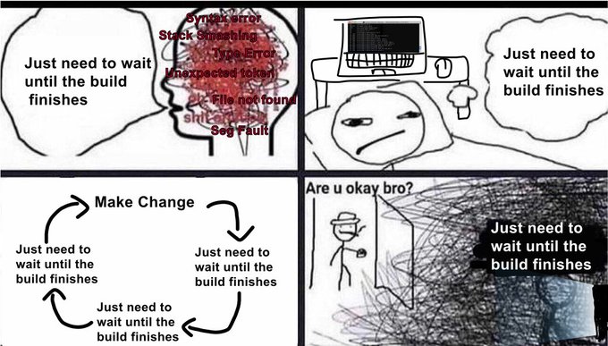 A four-panel comic shows a person stuck in an endless cycle of "just need to wait until the build finishes," first drowning in compilation errors like "Syntax Error" and "Stack Overflowing," then getting trapped in an infinite waiting loop—capturing the frustrating patience-testing experience echoed in the post about the market testing everyone's resolve today.