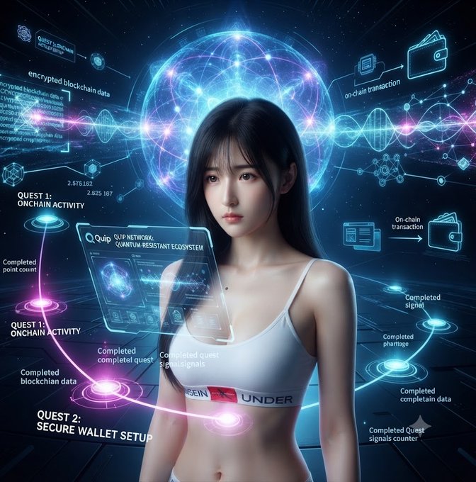 A digital illustration of a young woman with long dark hair in a white tank top surrounded by glowing holographic interfaces displaying blockchain and crypto-related text including 'QUIP NETWORK', 'QUANTUM RESISTANT ECOSYSTEM', 'encrypted blockchain data', 'on-chain transaction', 'QUEST 1: ONCHAIN ACTIVITY', and 'QUEST 2: SECURE WALLET SETUP'.
