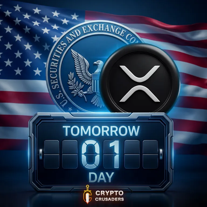 A graphic featuring the XRP cryptocurrency logo and the U.S. Securities and Exchange Commission seal against an American flag background, with a countdown timer showing '01 DAY' and the 'CRYPTO CRUSADERS' logo at the bottom.