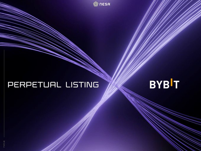 A dark purple promotional graphic with light streaks showing "PERPETUAL LISTING" and "BYBIT" alongside the "NESA" logo.