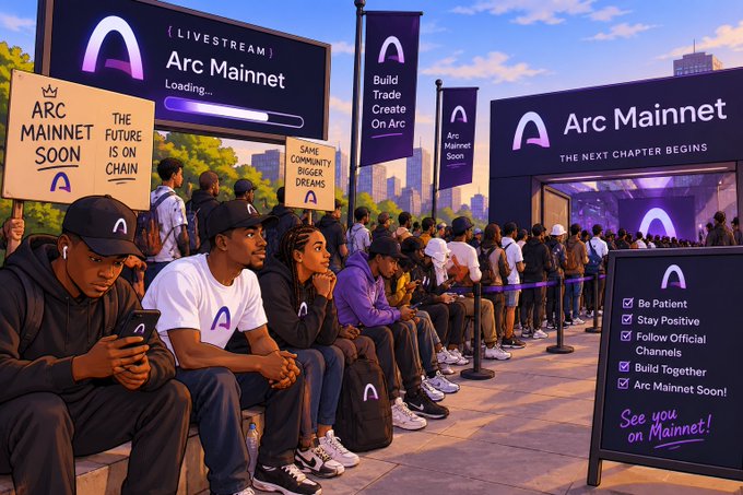 An illustrated promotional image depicts a crowd of young people waiting in line for the "Arc Mainnet" launch, holding signs with messages like "THE FUTURE IS ON CHAIN" and "SAME COMMUNITY BIGGER DREAMS," with a checklist reminding fans to "Be Patient" and "Follow Official Channels."