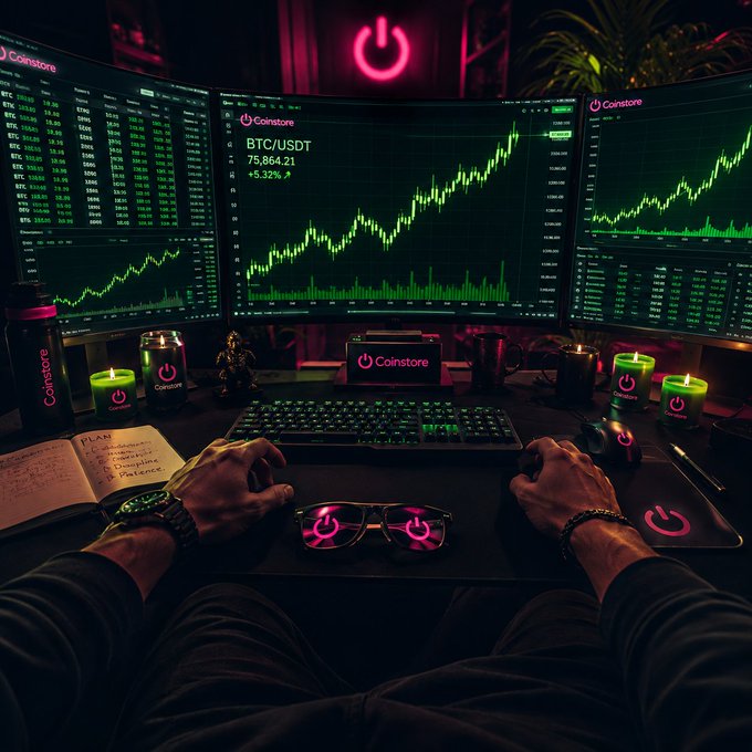 A cryptocurrency trading setup showing multiple monitors displaying 'Coinstore' branding with BTC/USDT charts, a gaming keyboard, mouse, sunglasses, and candles on a desk.