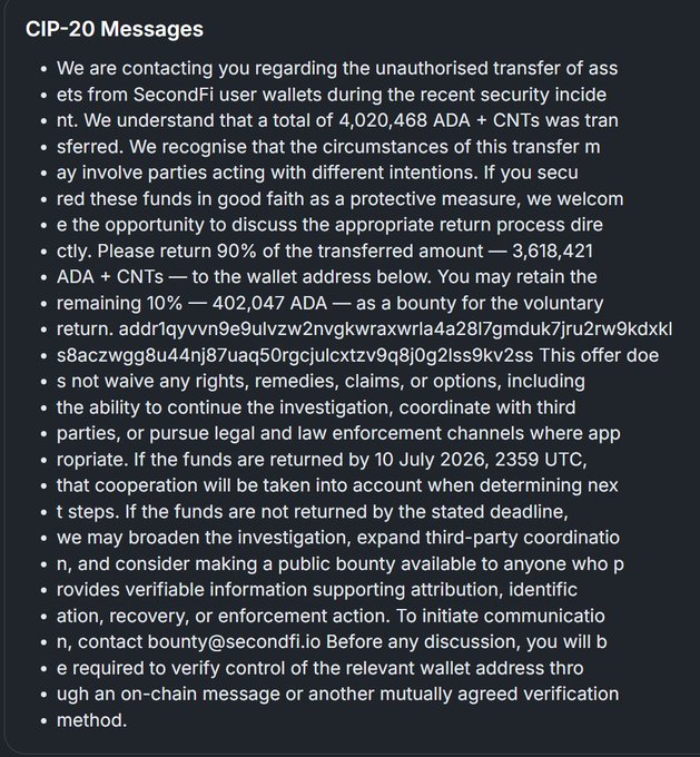 This is a message from SecondFi about an unauthorized transfer of 4,020,468 ADA + CNTs, offering a bounty for returning 90% of the funds by July 10, 2026.