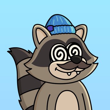 The image features a cartoon raccoon wearing a blue beanie hat, with its arms outstretched as if waving or greeting someone. The caption below the image reads "The Vault continues to stay stacked with real builders. Huge shoutout to @Maaaaahhhaaaaa & @frankythefrog team for the steady grind in this space. What better way to show support than this clean pair of "he and her" bandits for me?".