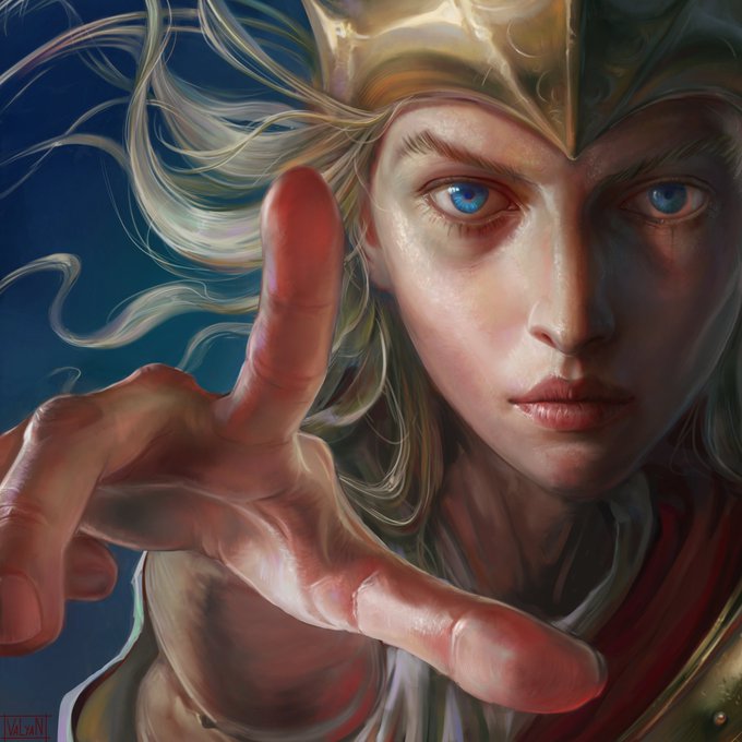 A detailed fantasy-style portrait of a blonde-haired character with intense blue eyes, wearing golden armor and reaching a hand forward toward the viewer.