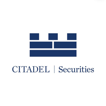 The image displays the Citadel Securities logo, featuring a dark blue brick/castle icon above the text "CITADEL | Securities." The logo represents the firm making the reported $400 million investment in Crypto.com, which values the cryptocurrency exchange at $20 billion.