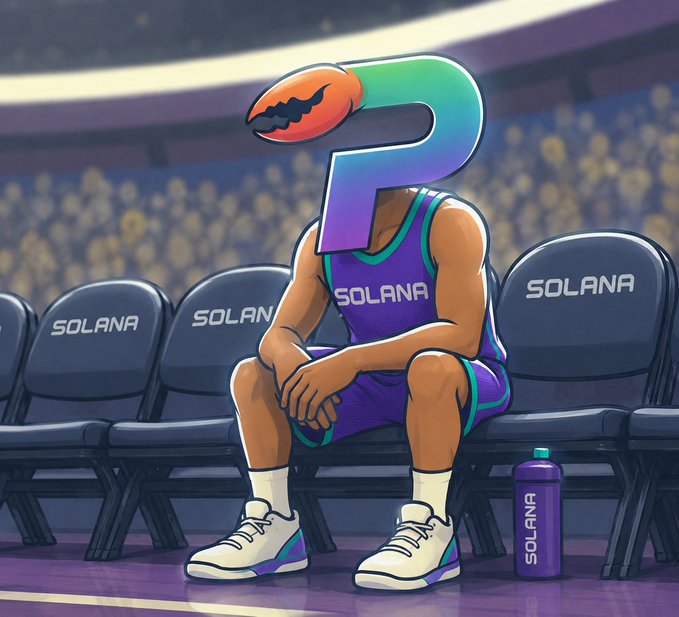 The image features a cartoon depiction of a basketball player sitting on a bench, wearing a purple and green uniform with the word "Solana" written across his head. The player has an orange crab on his head, adding a unique and humorous touch to the scene. In front of him is a water bottle, suggesting that he might be taking a break or resting during a game.