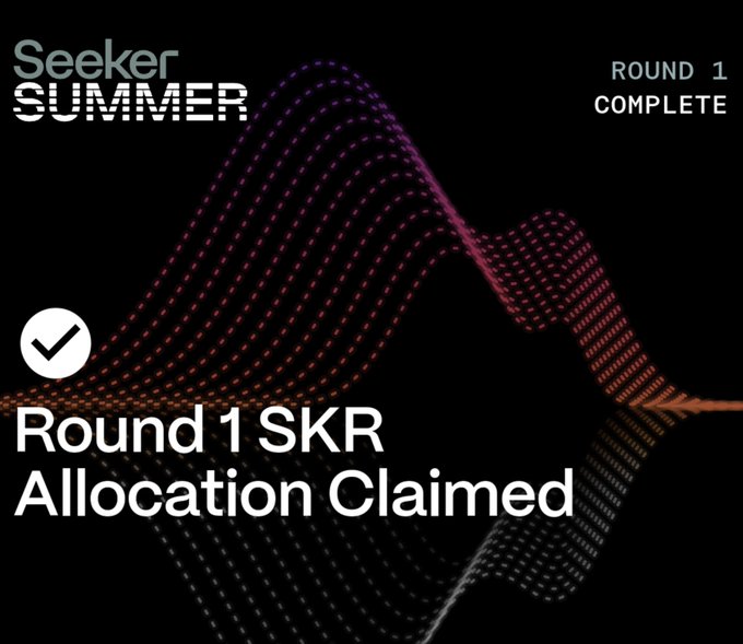 A graphic reading 'Seeker SUMMER - Round 1 SKR Allocation Claimed' with 'ROUND 1 COMPLETE' in the corner, over a colorful dotted wave design.