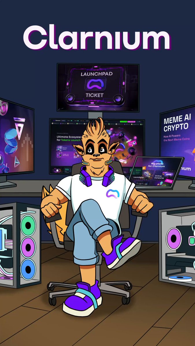 The image features a cartoon character sitting at a desk with computer monitors, headphones, and a chair. The character appears to be wearing a white shirt and purple shoes while working on a computer. In the background, there are multiple computer monitors displaying various content such as logos for different companies like "Clarnium", "Meegan's AI", and "Meme". The image also includes text that reads: "Focus on what is in the image and how it relates to the post."