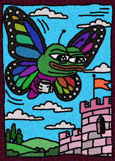 A vibrant illustration shows a green Pepe the Frog character merged with a colorful butterfly, soaring through a blue sky above a pink castle with an orange flag.