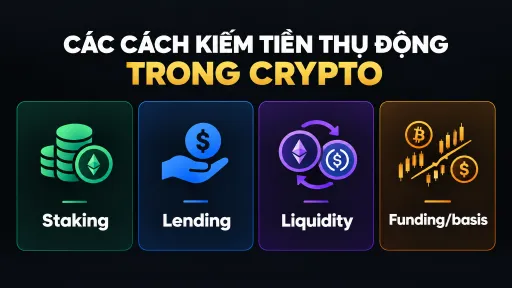 An infographic titled "CÁC CÁCH KIẾM TIỀN THỤ ĐỘNG TRONG CRYPTO" displays four methods with icons: Staking, Lending, Liquidity, and Funding/basis.