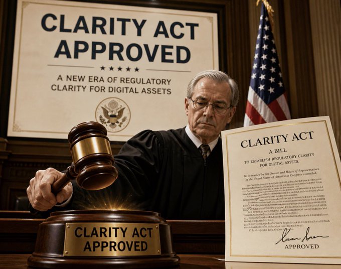 A stern-looking official in a black robe bangs a gavel labeled "CLARITY ACT APPROVED" beside a signed document and a "CLARITY ACT APPROVED – A NEW ERA OF REGULATORY CLARITY FOR DIGITAL ASSETS" placard, with the U.S. flag in the background. The image promotes a decisive regulatory outcome for the CLARITY Act on digital assets, contrasting with the post's note that the U.S. Senate has not yet voted and the decision has been pushed to September.