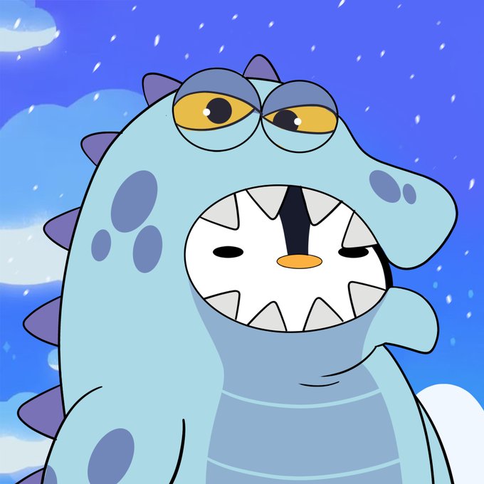 A 2D animation style illustration shows a blue dinosaur-like creature with yellow eyes standing behind a smaller white character with a jagged black mouth design, set against a blue sky with white specks.
