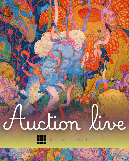 A vibrant, colorful illustration featuring a blonde figure in a blue feathered outfit surrounded by flora, fauna, and creatures, overlaid with the text 'Auction live' and a timer showing '23h 53m'.