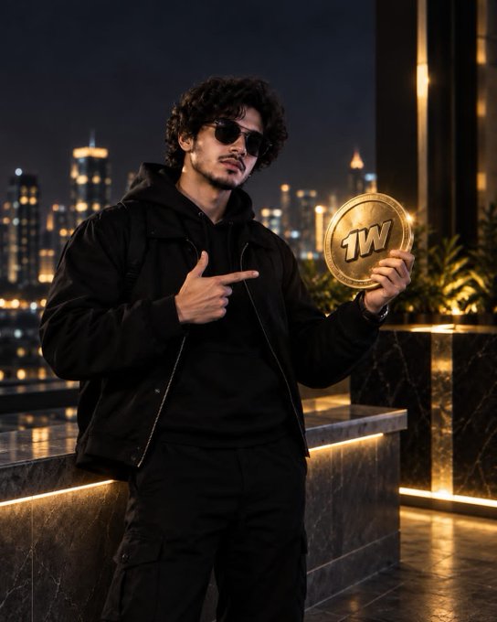 A young man with curly hair and sunglasses, dressed in black, stands on a balcony at night pointing to a glowing gold coin marked '1W' with a city skyline behind him.