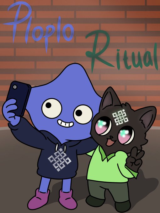 A cartoon illustration titled 'Ploplo Ritual' featuring a blue character in a black QR-coded hoodie taking a selfie with a black cat character, set against a brick wall background.