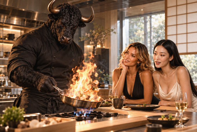 A surreal AI-generated scene showing a muscular black bull chef cooking with flames in a kitchen while two women watch from the counter.