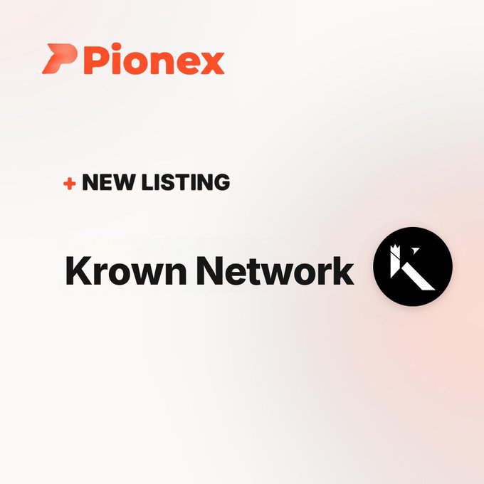 A promotional graphic for Pionex announcing a 'NEW LISTING' for 'Krown Network' cryptocurrency with the project's black logo.