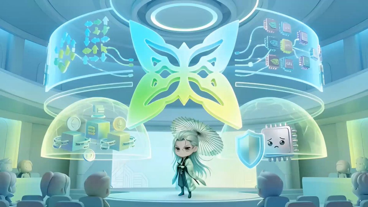 The image shows a girl with blue hair walking on stage in front of a large butterfly-shaped light structure. The background also features a giant butterfly, surrounded by other futuristic structures like a room full of screens displaying "Quantum Tech World" and a computer screen reading "@cadillion". In the post caption, it says "@quipnetwork is officially sponsoring Quantum Tech World next week, with @cadillion taking the Quantum Innovation Stage on Thursday, June 25 at 4 pm to drop some serious alpha." The main focus of this image is the girl's journey in a digital and futuristic world, as indicated by the butterfly and technology-related elements.