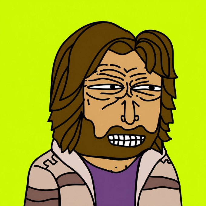 A cartoon-style drawing of a man with brown shoulder-length hair and a beard, grinning widely to show his teeth, set against a bright lime green background.