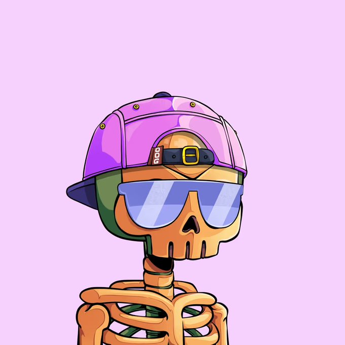 Cartoon illustration of a skeleton character wearing a purple and pink baseball cap backwards and blue reflective sunglasses against a pink background.