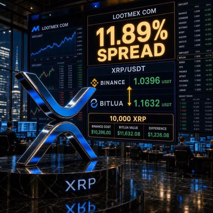 The image displays a digital trading display from "LOOTMEX COM" highlighting an "11.89% SPREAD" for the XRP/USDT trading pair, with Binance priced at 1.0396 USDT and Bitlua at 1.1632 USDT, illustrating the arbitrage opportunity mentioned in the post about an unusual XRP price jump detected by Lootmex monitoring across tracked exchanges.