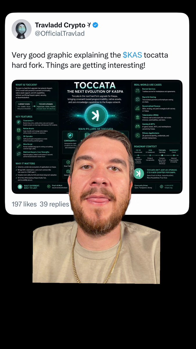 The image features a man with a beard wearing a tan shirt, smiling and looking up at something above his head. The caption states that Kaspa's Toccata Hard Fork is the most bullish upgrade ever made by @kaspacted, which might be related to the person in front of him or another element in the photo.